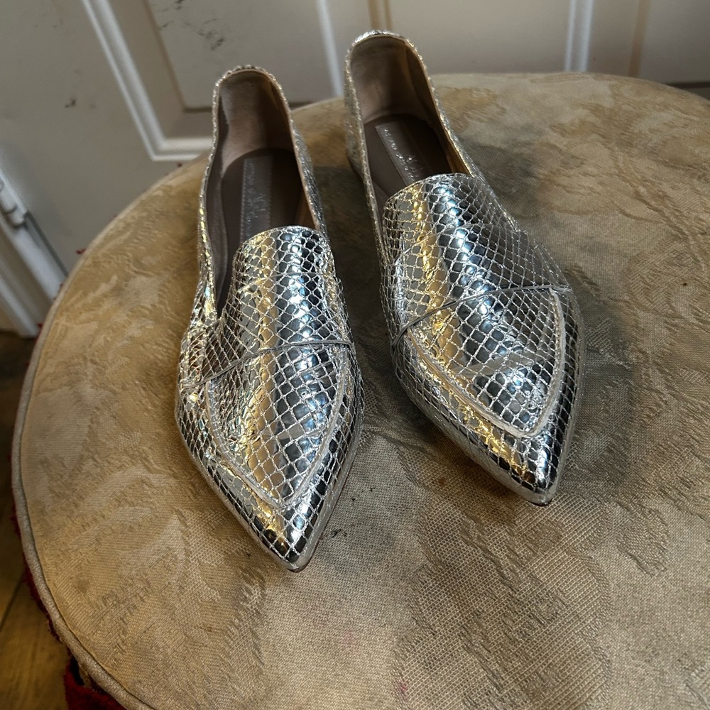 AGL Metallic Snakeskin print Soft Pointy Toes Loafers Sz 7.5 made in Italy - Picture 4 of 11